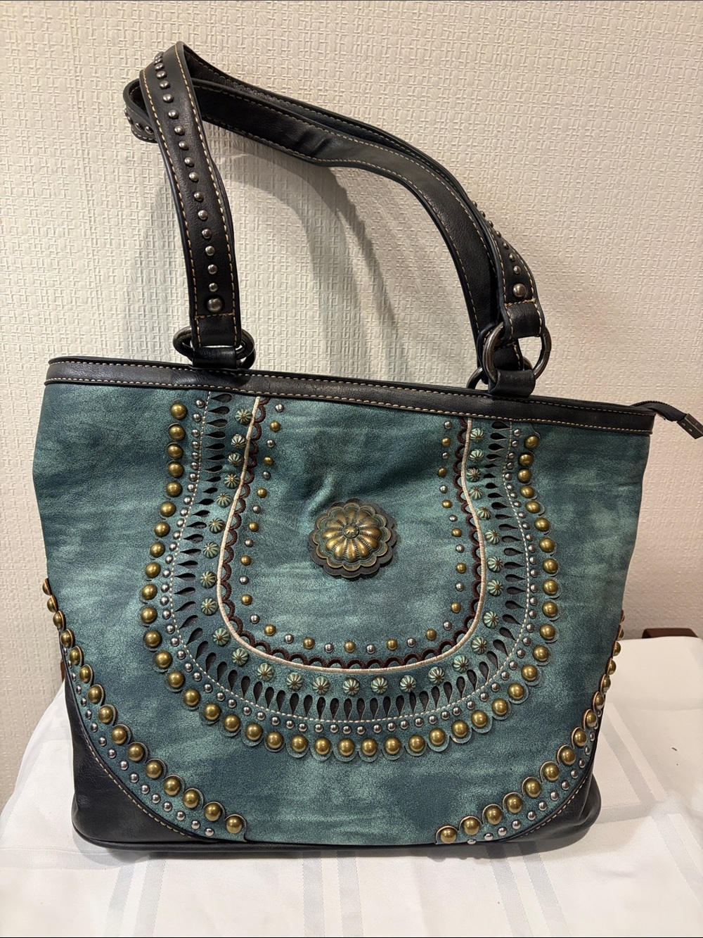 Montana West Turquoise Suede Studded Concealed Carry Tote Shoulder Bag